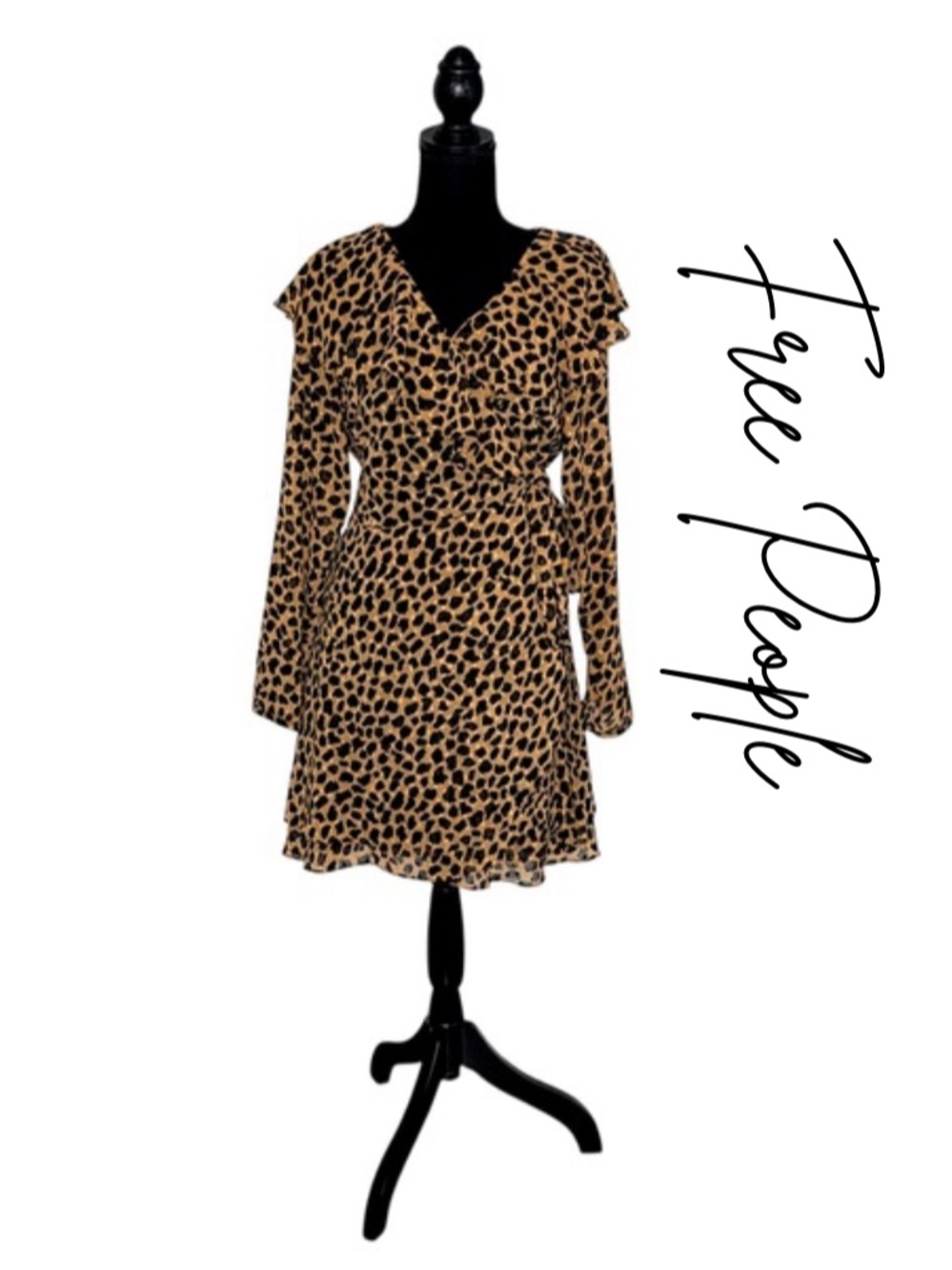 Free People Frenchie Leopard Print Mini Wrap Dress Womens sz L Lined Tiered EUC!